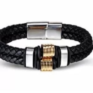 NEW Genuine LEATHER 🖤 Braided ROPE Band ⭐️ STAINLESS STEEL Bracelet ✨Gold alloy